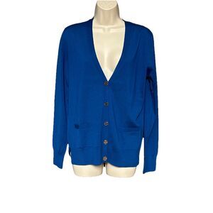 Tory Burch Size L 100% Meriono Wool  Blue V-Neck Cardigan Gold Logo Buttons